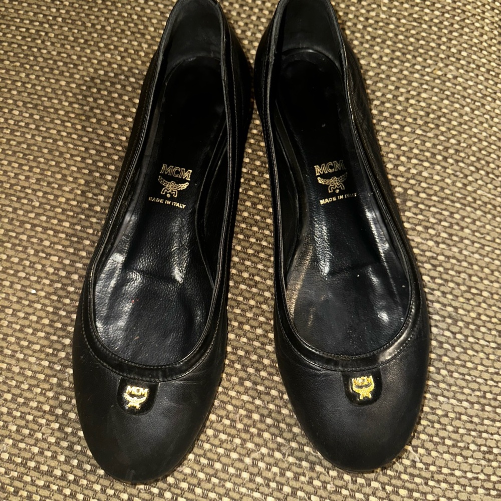 MCM Black Leather Loafers with Gold Accent